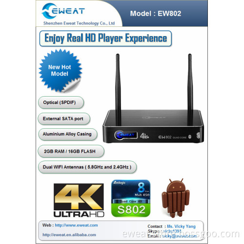 Amlogic S802 4k quad core Android4.4 tv box full hd 1080p with XBMC preloaded 3.5'' SATA port double antenna Bluetooth4.0